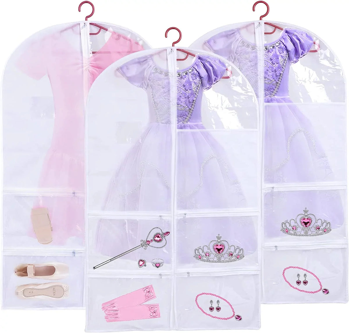 3 Pack Kids Garment Bags for Dance Costumes, Hanging Dance Garment Bag with Multiple Pockets, Clear Storage Bags Organize Girls Dance Competitions Dress, Dance Recitals, Ballet Costume