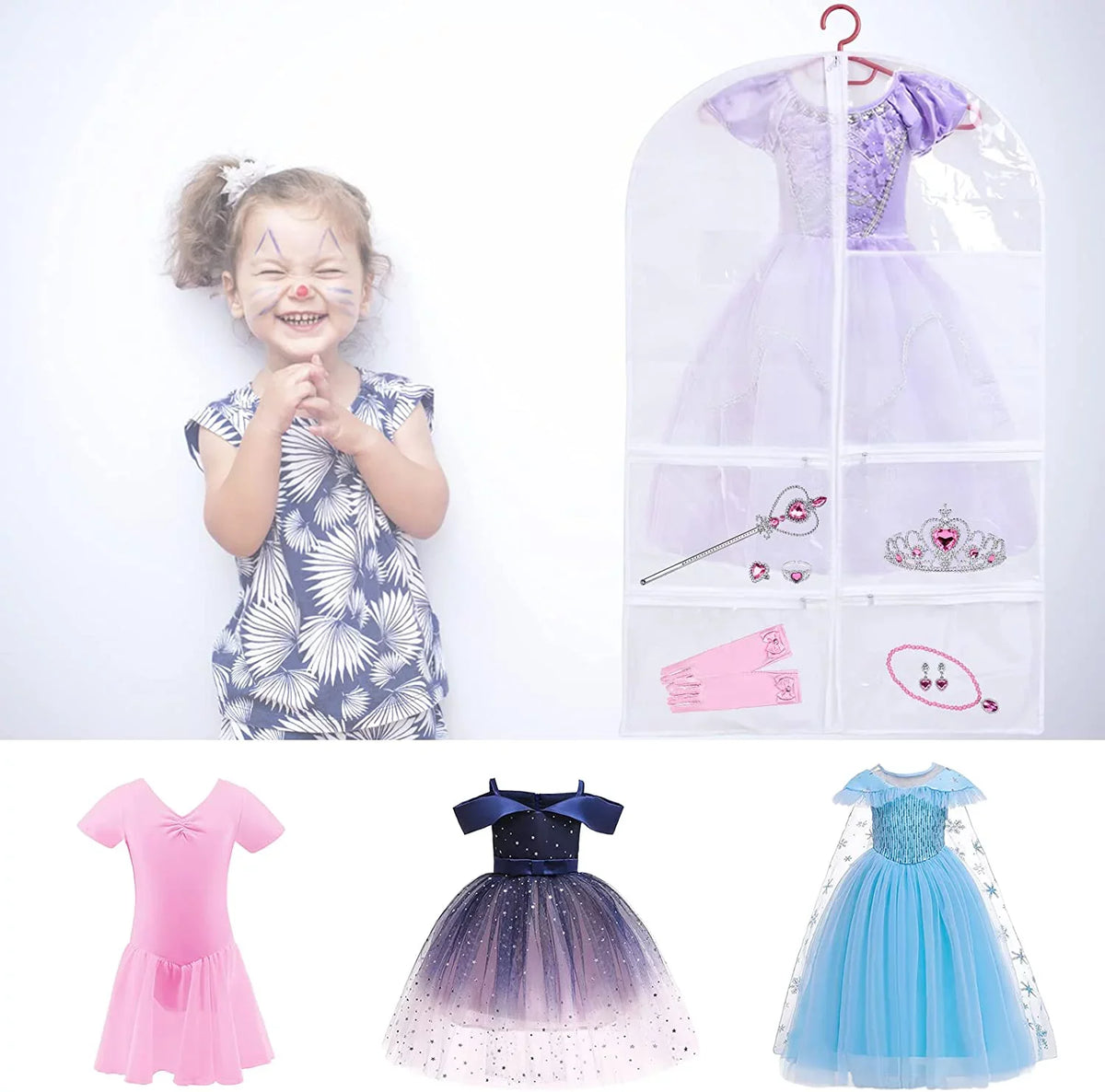 3 Pack Kids Garment Bags for Dance Costumes, Hanging Dance Garment Bag with Multiple Pockets, Clear Storage Bags Organize Girls Dance Competitions Dress, Dance Recitals, Ballet Costume
