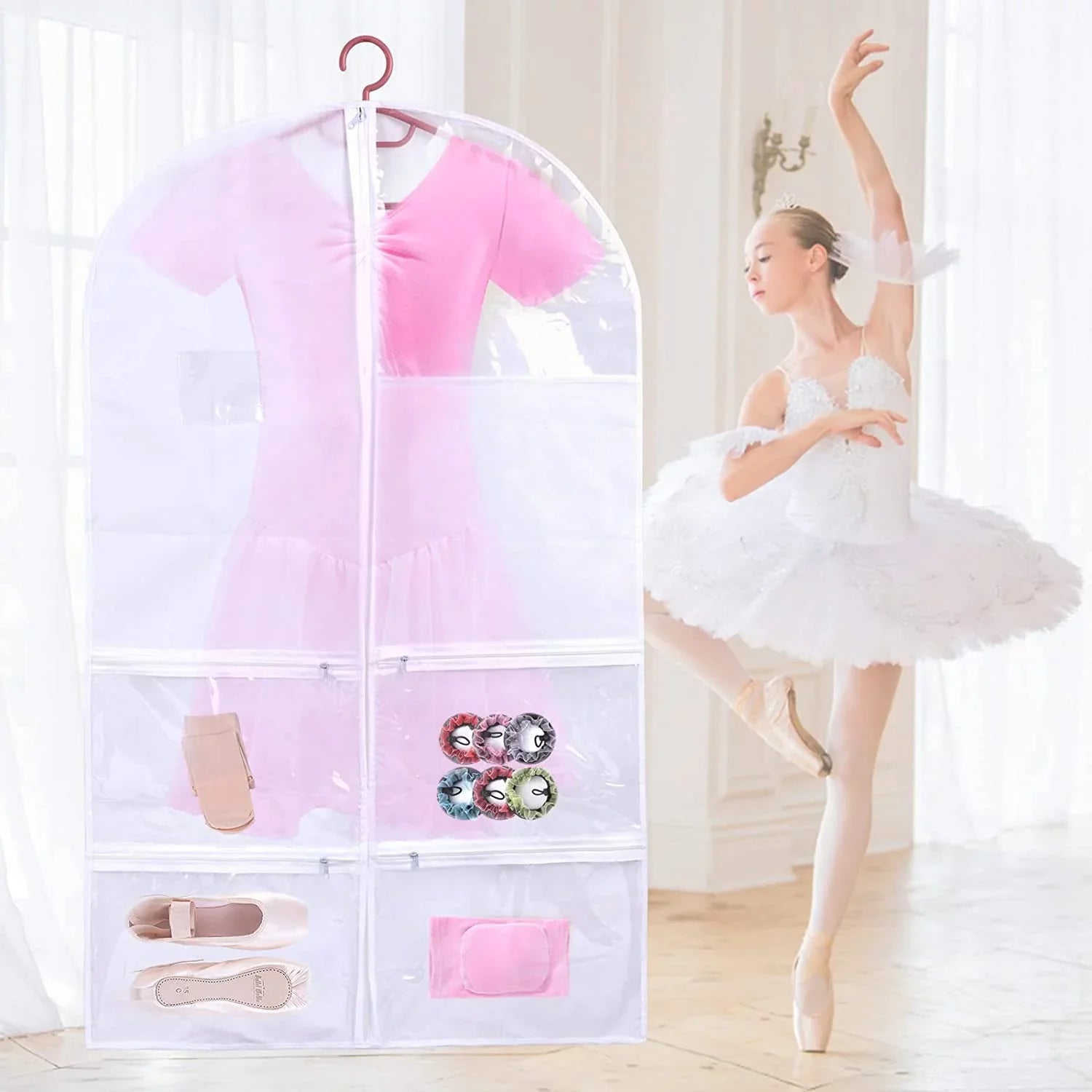 3 Pack Kids Garment Bags for Dance Costumes, Hanging Dance Garment Bag with Multiple Pockets, Clear Storage Bags Organize Girls Dance Competitions Dress, Dance Recitals, Ballet Costume