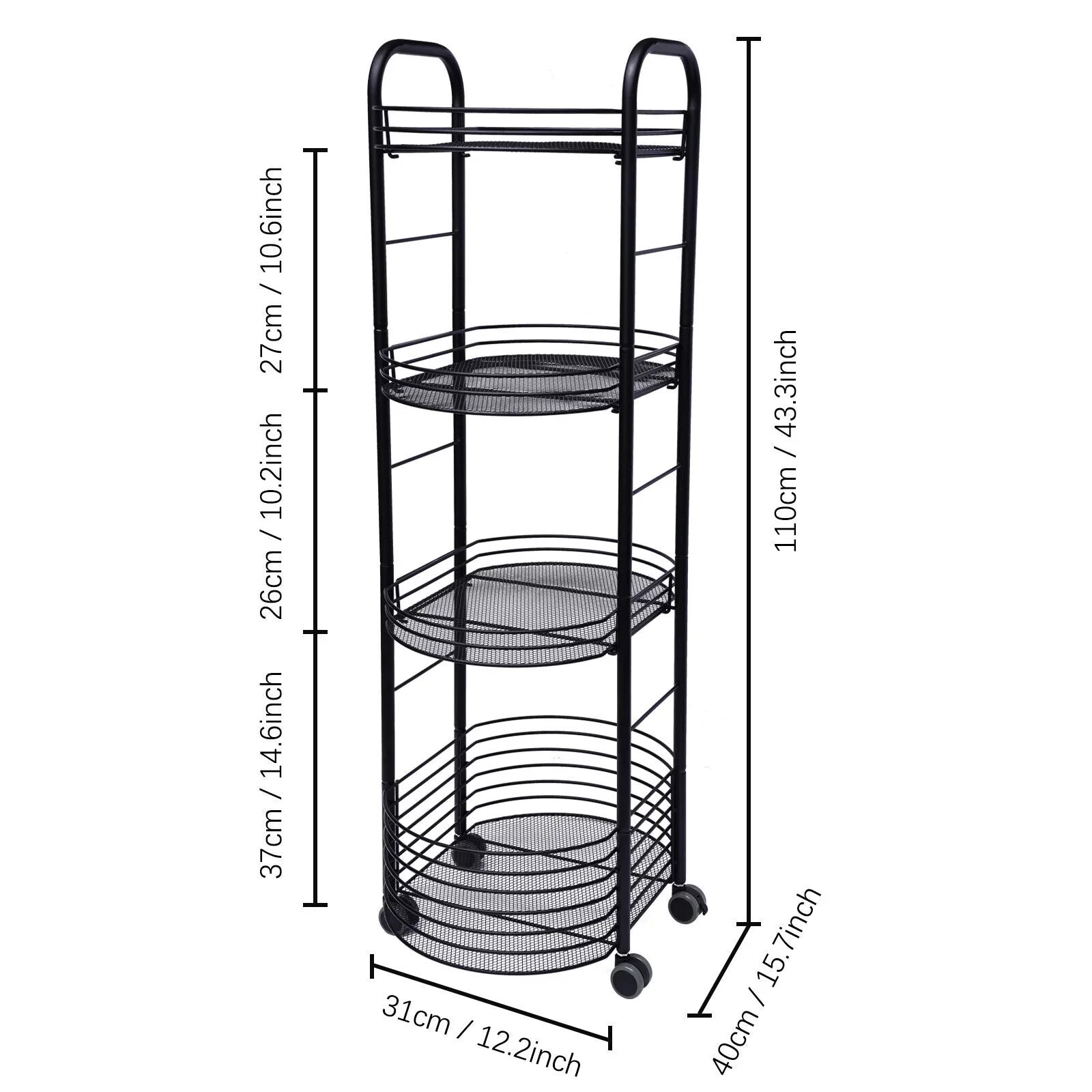 4 Tier Rolling Cart, Kitchen Storage Organizer Utility Cart, Metal Basket Storage Art Trolley Carts with Wheels, Black